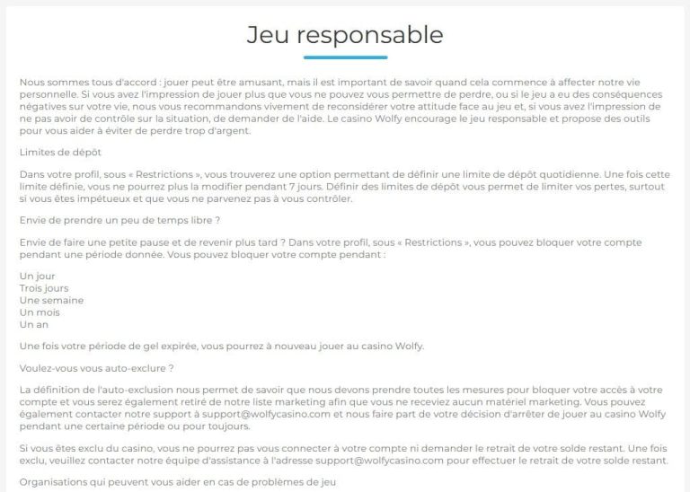 Wolfy Casino jeu responsable