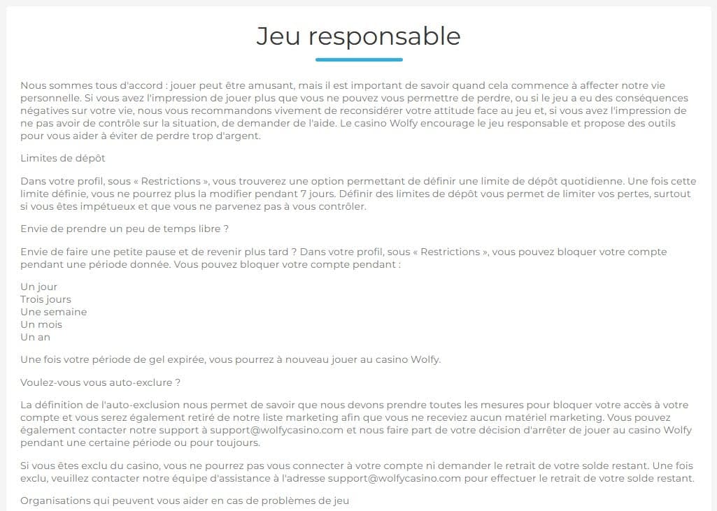 Wolfy Casino jeu responsable